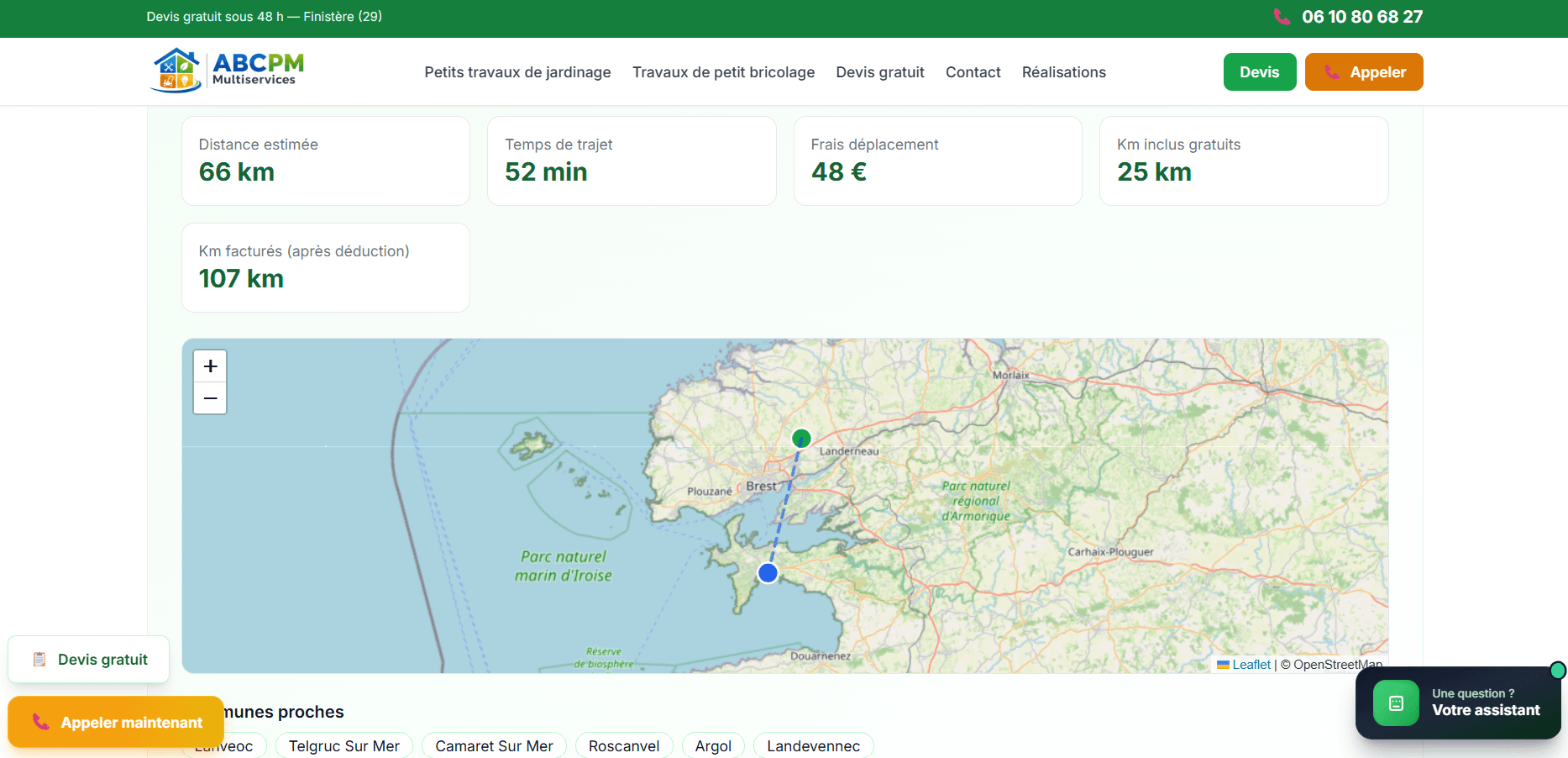 Tarif kilométrique connu dés la page de la commune